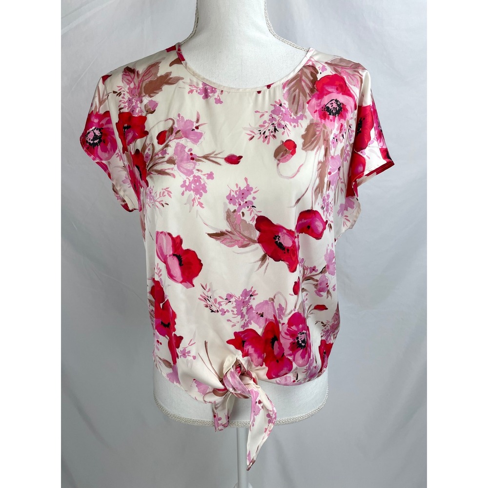 Talbots Satin Blouse SMALL White Red‎ Watercolor Floral Tie Front Short Sleeve